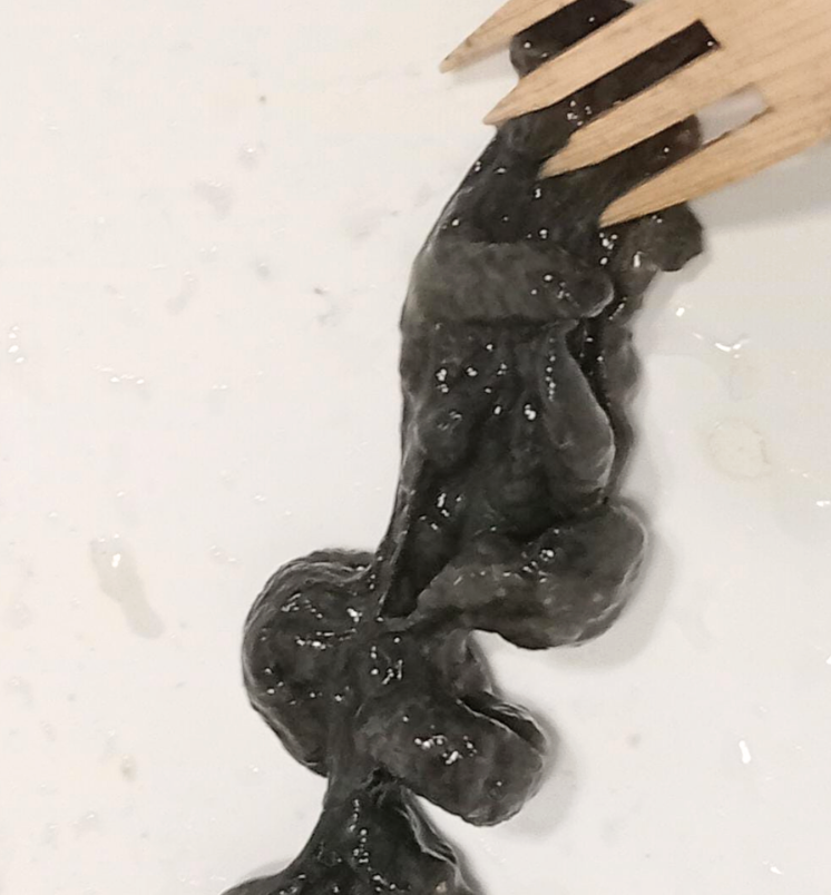 Un pez de color oscuro, probablemente cigarra, en agua con burbujas, cercano a una estructura de madera o palitos.